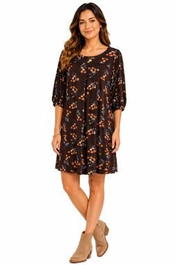 JFW Women's Brown Floral A-Line Dress 3/4 Sleeve Boho Cottagecore Size Medium